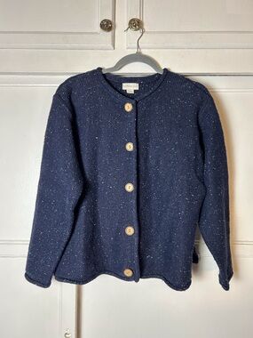 Cardigan Sweater Women’s Med Blue Speckled Wool Blend Fisherman Coastal